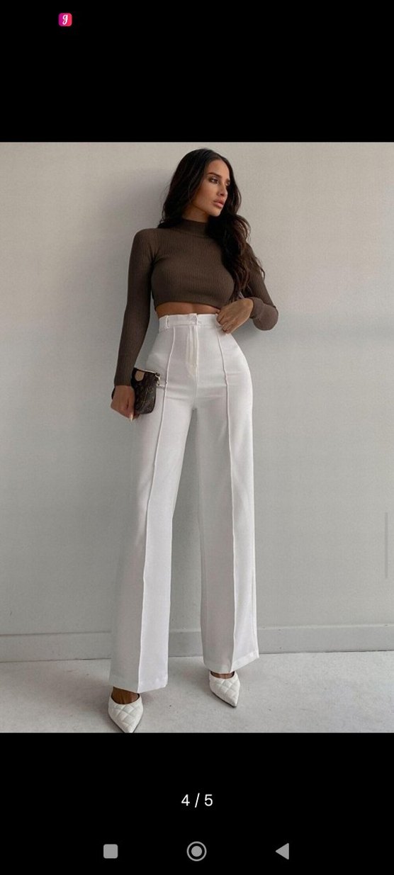 Kadın Beyaz Kemerli Midi Kumaş Pantolon - Görsel 4