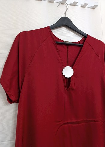 Zara Bordo Midi Kadın Elbise, Kısa Kollu, Salaş Kesim