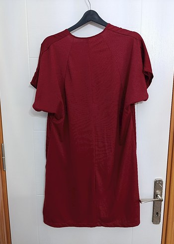 38 Beden Bordo Midi Kadın Elbise, Kısa Kollu, Salaş Kesim