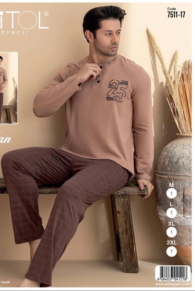 Erkek Kahverengi Düğmeli Pijama Takımı - Görsel 2