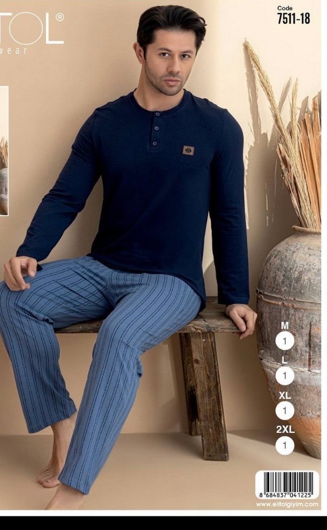 Erkek Kahverengi Düğmeli Pijama Takımı - Görsel 3