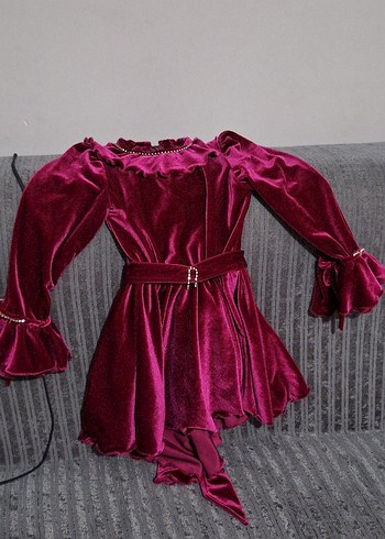 Bordo Kadife Kemerli Kız Elbise
