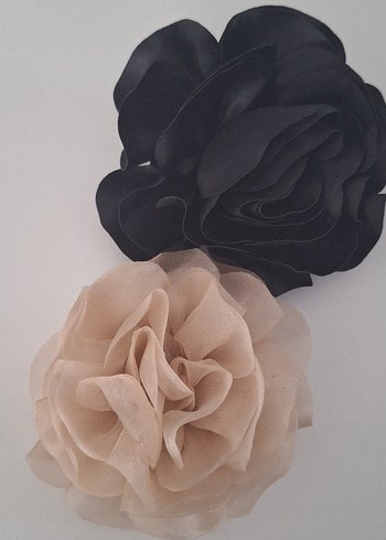 Bej ve Siyah Fırfırlı Çiçekli Broş Seti(el yapımı) - Görsel 3