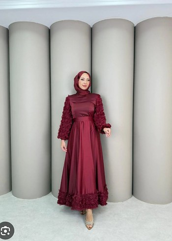 Abiye Bordo Uzun Kol Drapeli Abiye Elbise