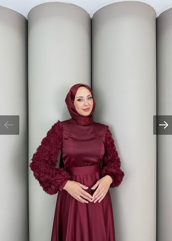 42 Beden Bordo Uzun Kol Drapeli Abiye Elbise