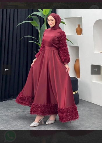 Bordo Uzun Kol Drapeli Abiye Elbise - Görsel 5