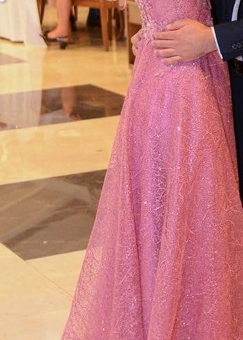 Abiye Pembe Parlak İşlemeli Uzun Abiye Elbise