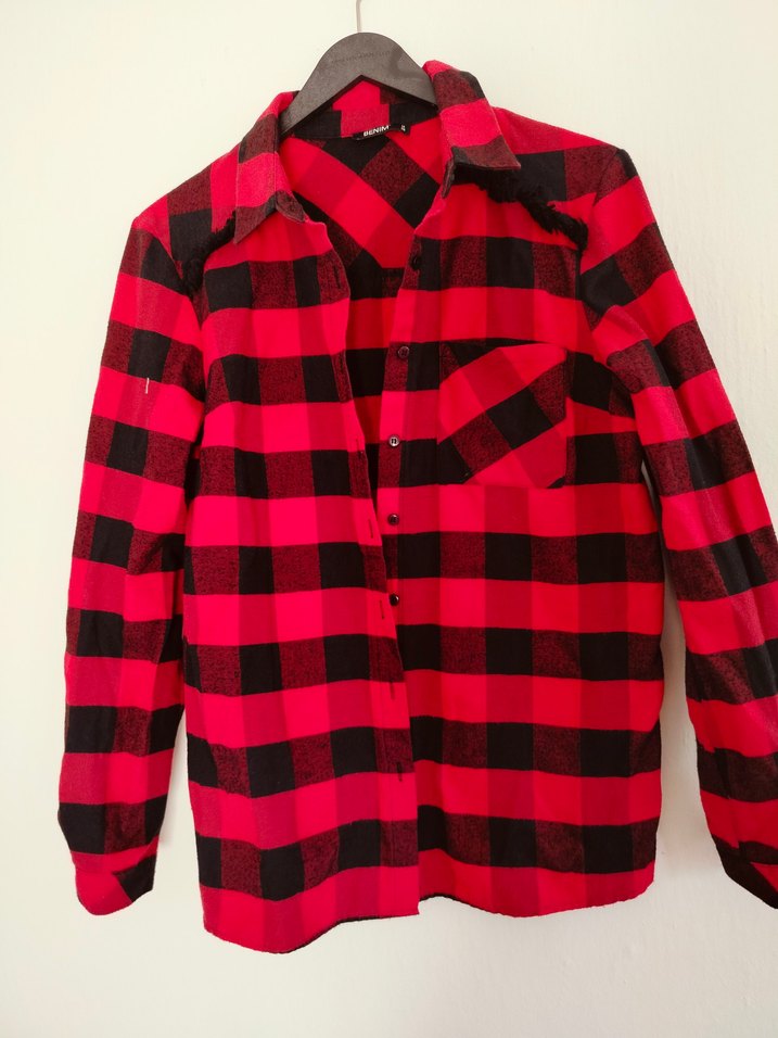 Kırmızı Ekose Düğmeli Kadın Gömlek - Görsel 2