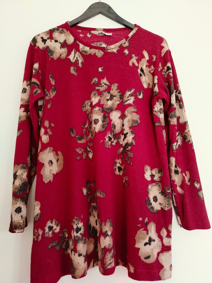 Bordo Çiçek Desenli Uzun Kollu Triko Tunik - Görsel 2