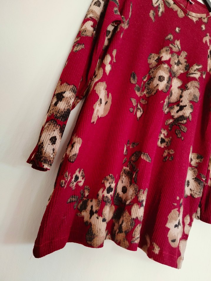 Bordo Çiçek Desenli Uzun Kollu Triko Tunik - Görsel 3