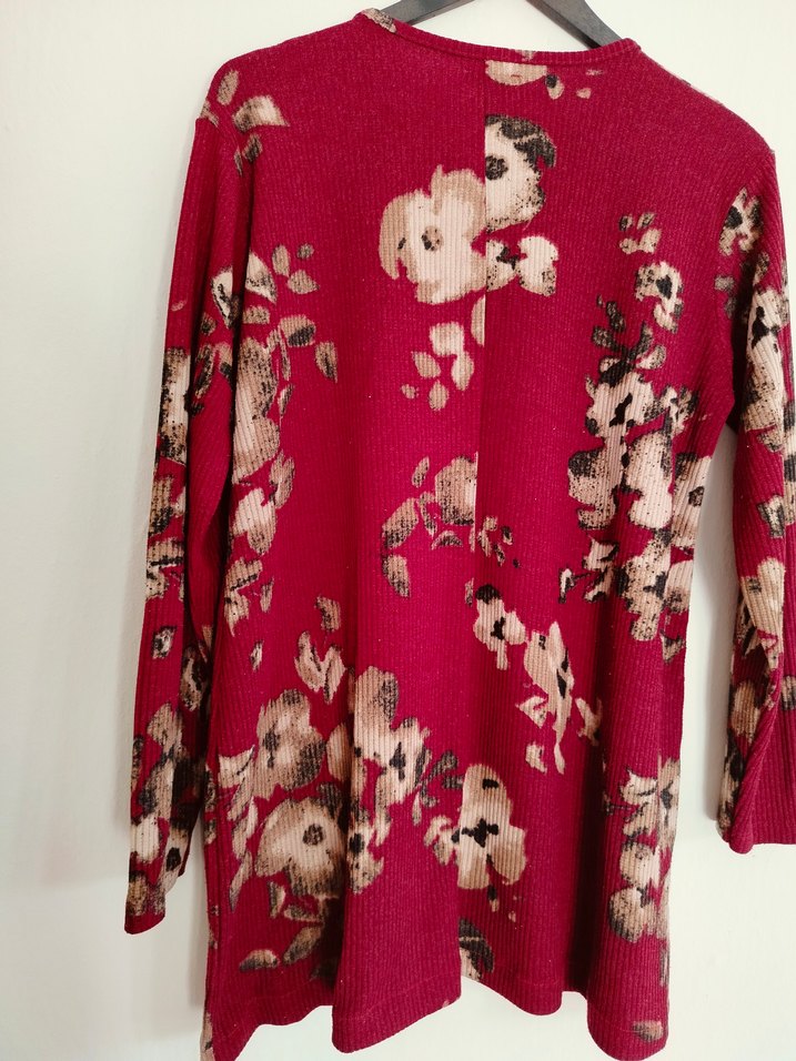 Bordo Çiçek Desenli Uzun Kollu Triko Tunik - Görsel 5
