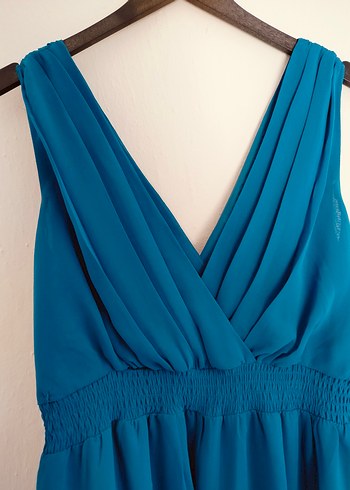 Turkuaz Midi V Yaka Kolsuz Elbise - Görsel 5