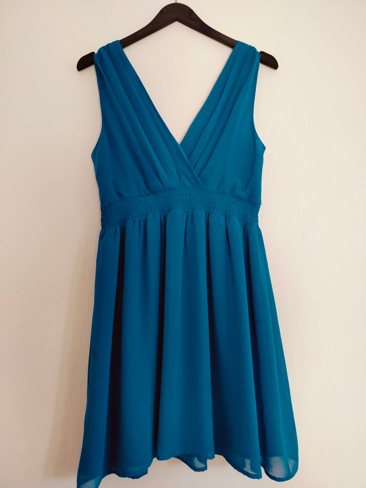 Turkuaz Midi V Yaka Kolsuz Elbise - Görsel 2