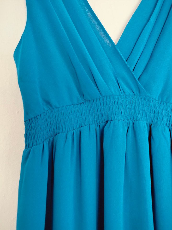 Turkuaz Midi V Yaka Kolsuz Elbise - Görsel 3