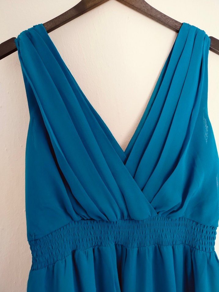 Turkuaz Midi V Yaka Kolsuz Elbise - Görsel 5