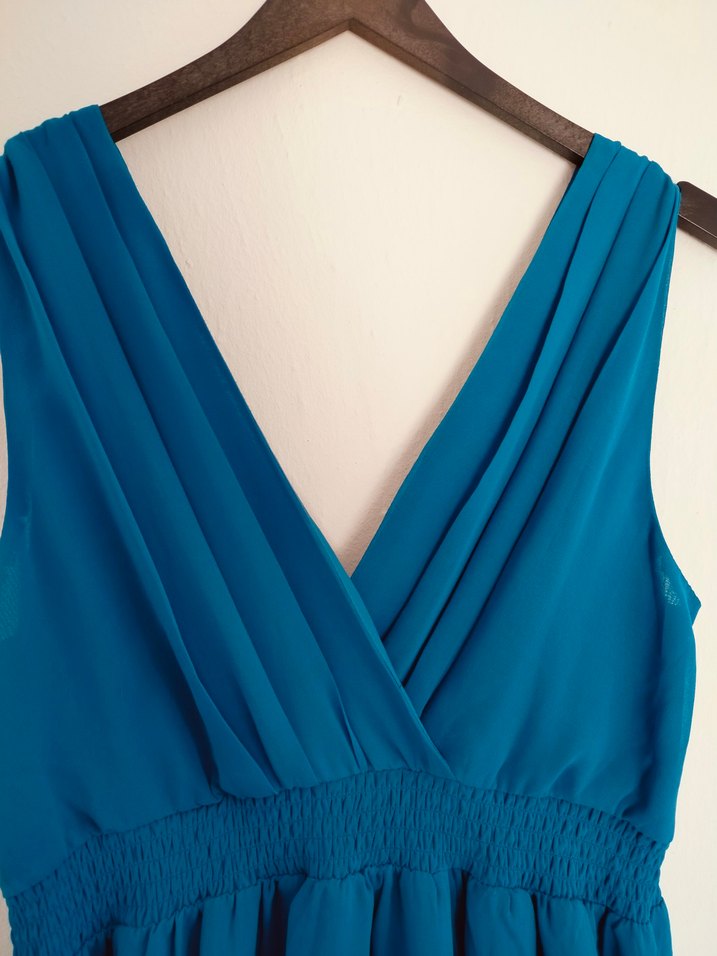 Turkuaz Midi V Yaka Kolsuz Elbise - Görsel 4