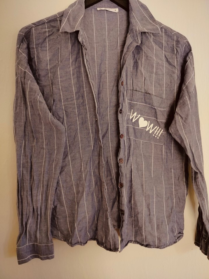 Gri Çizgili Keten Kadın Gömlek - Görsel 2