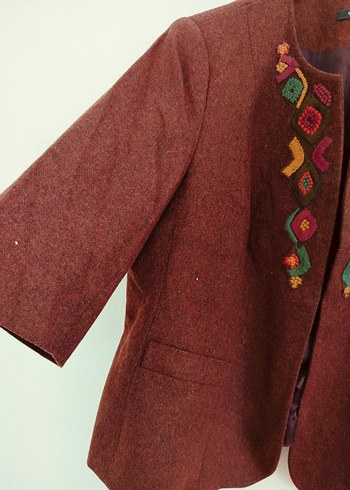 Bordo Nakışlı Yün Kadın Ceket - Görsel 5