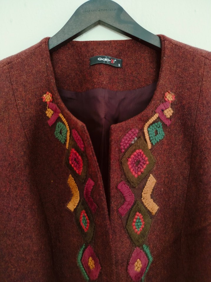 Bordo Nakışlı Yün Kadın Ceket - Görsel 4