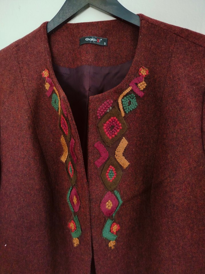 Bordo Nakışlı Yün Kadın Ceket - Görsel 2