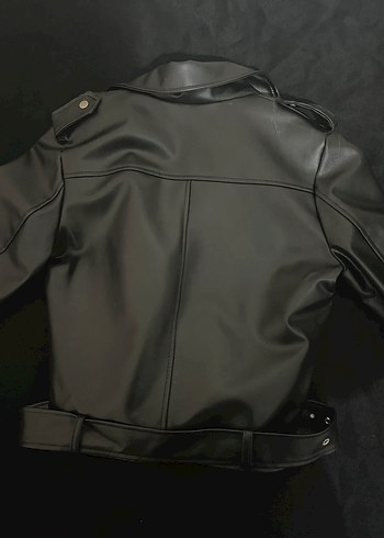 Kemerli Siyah Deri Biker Ceket - Görsel 2