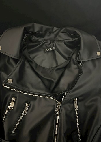 Kemerli Siyah Deri Biker Ceket - Görsel 3
