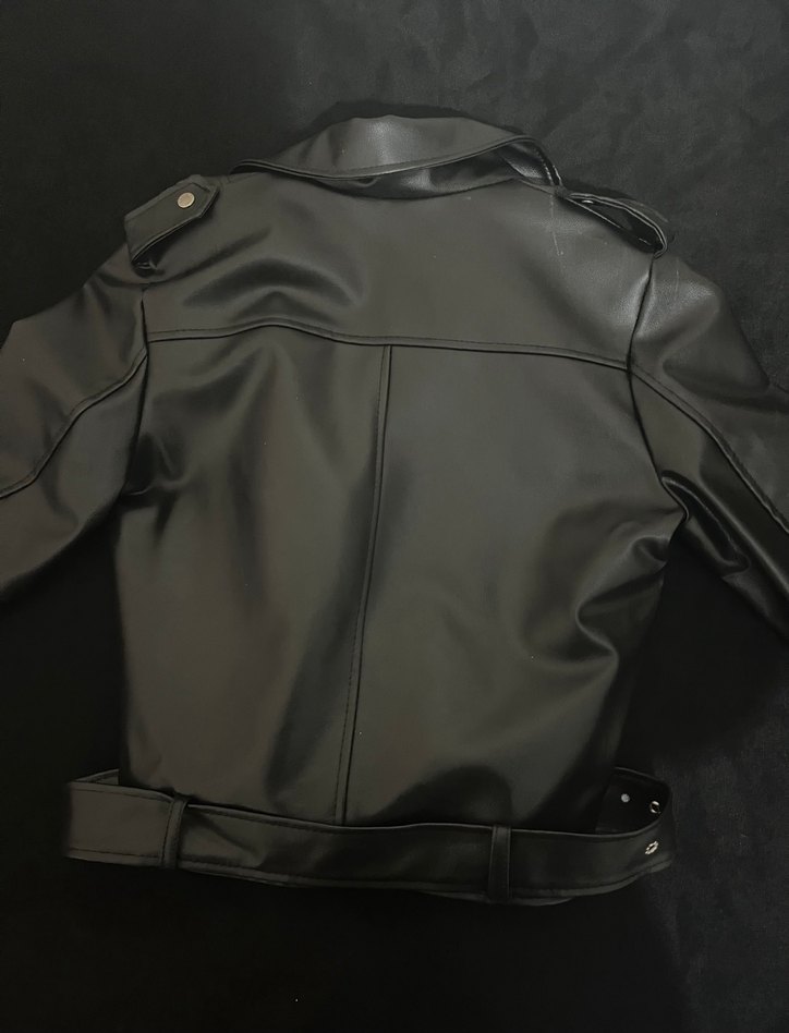 Kemerli Siyah Deri Biker Ceket - Görsel 2