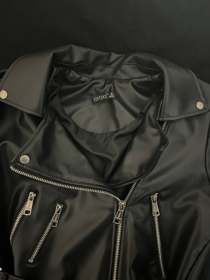 Kemerli Siyah Deri Biker Ceket - Görsel 3