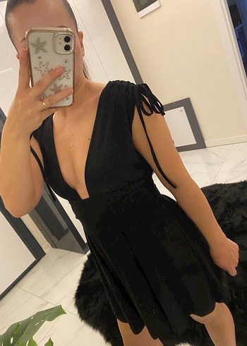 Siyah V Yaka Mini Fitted Elbise - Görsel 3