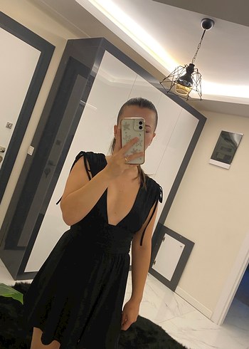 Siyah V Yaka Mini Fitted Elbise - Görsel 2