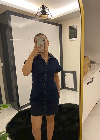 Düğmeli lacivert Denim Midi Elbise - Görsel 4