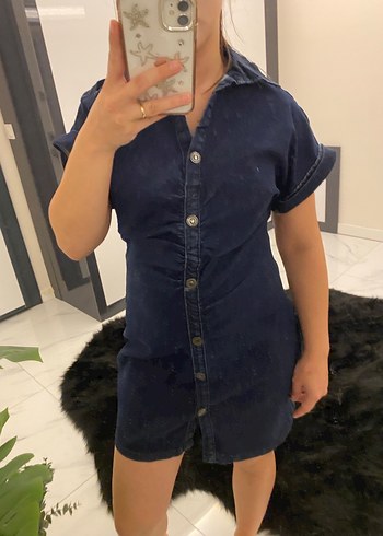 Düğmeli lacivert Denim Midi Elbise - Görsel 2