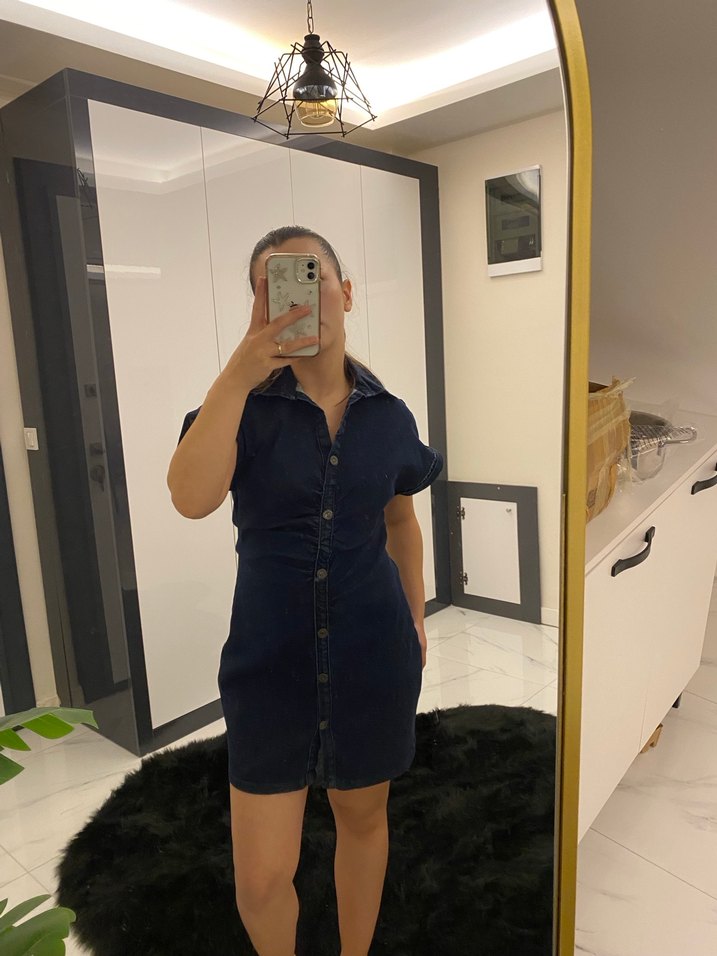 Düğmeli lacivert Denim Midi Elbise - Görsel 4