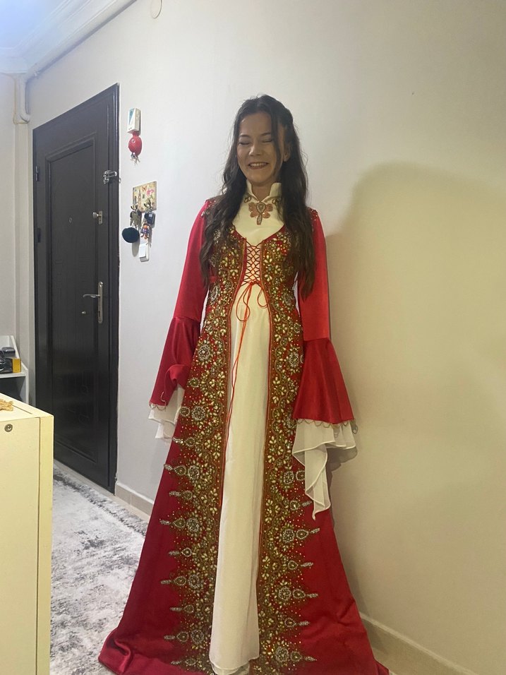 Bordo kırmızı Uzun Nakışlı Bohem Kadın Elbisesi - Görsel 4