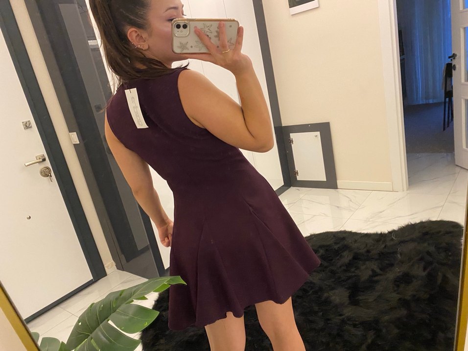 Mürdüm kurdele detaylı Mini Elbise V Yakalı - Görsel 3