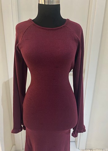 Bordo Uzun Kollu Sırt Dekolteli Kadın Elbise - Görsel 4