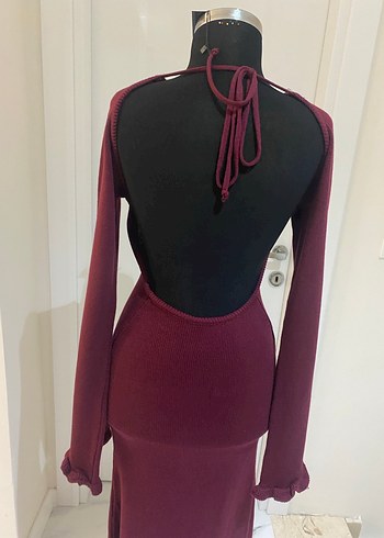 Bordo Uzun Kollu Sırt Dekolteli Kadın Elbise - Görsel 3