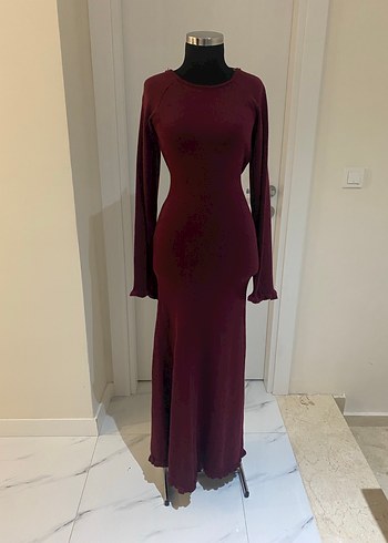 Bordo Uzun Kollu Sırt Dekolteli Kadın Elbise - Görsel 2