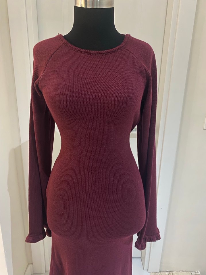 Bordo Uzun Kollu Sırt Dekolteli Kadın Elbise - Görsel 4