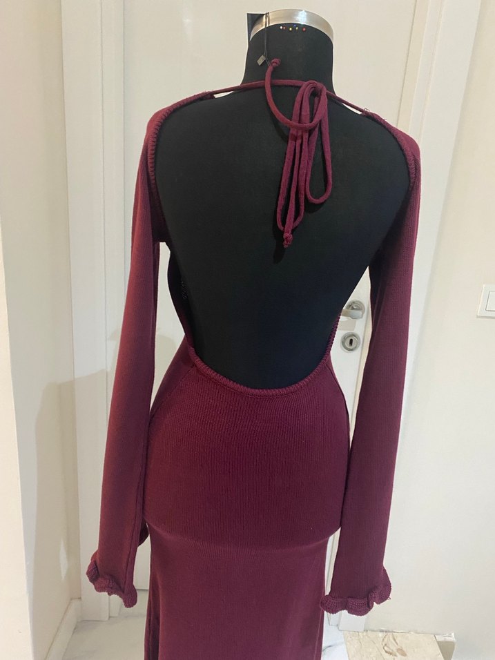 Bordo Uzun Kollu Sırt Dekolteli Kadın Elbise - Görsel 3