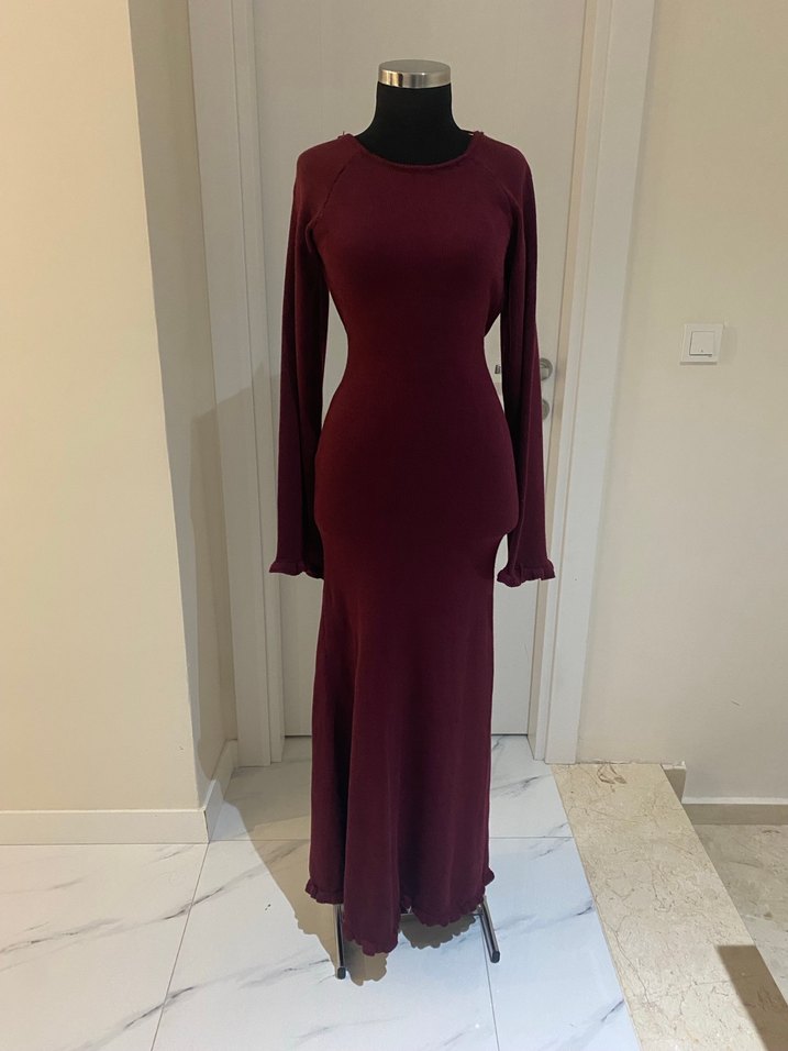 Bordo Uzun Kollu Sırt Dekolteli Kadın Elbise - Görsel 2