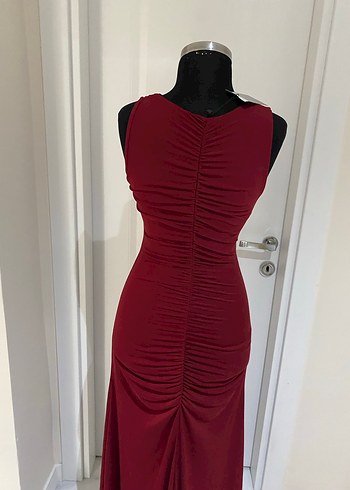 Bordo Drapeli Uzun abiye Kadın Elbise - Görsel 5