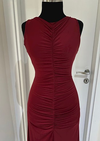 Bordo Drapeli Uzun abiye Kadın Elbise - Görsel 2