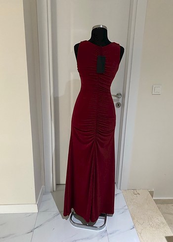 Bordo Drapeli Uzun abiye Kadın Elbise - Görsel 4