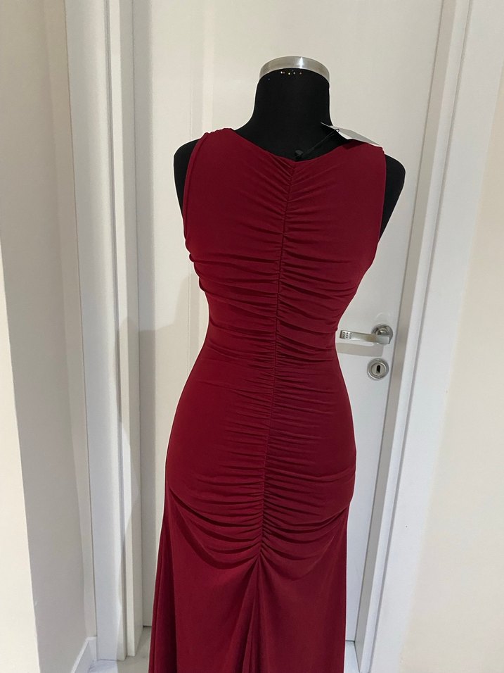 Bordo Drapeli Uzun abiye Kadın Elbise - Görsel 5