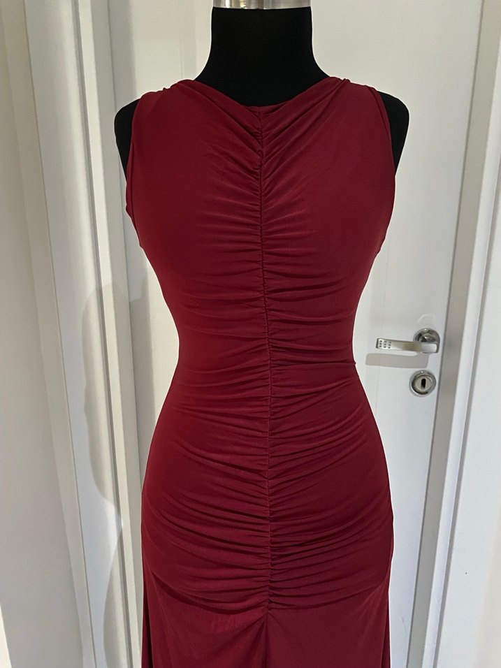 Bordo Drapeli Uzun abiye Kadın Elbise - Görsel 2