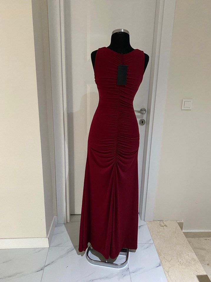 Bordo Drapeli Uzun abiye Kadın Elbise - Görsel 4