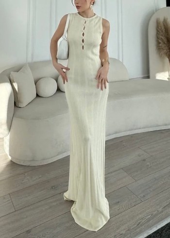 Düğmeli Kolsuz Uzun örme Elbise - Görsel 2