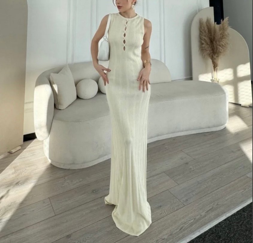 Düğmeli Kolsuz Uzun örme Elbise - Görsel 2