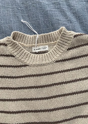 Bej Çizgili Örgü Kadın Kazak - Görsel 2